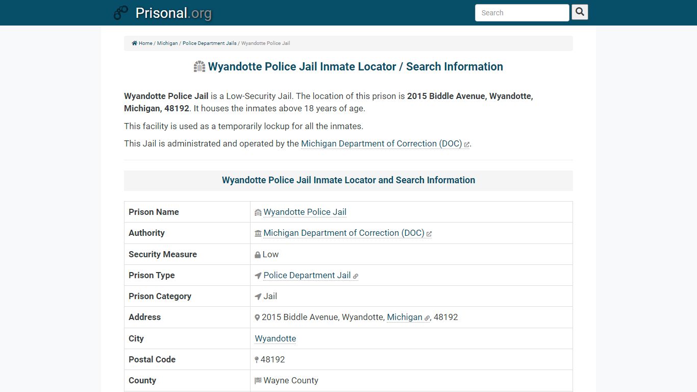 Wyandotte Police Jail Inmate Locator / Search Information